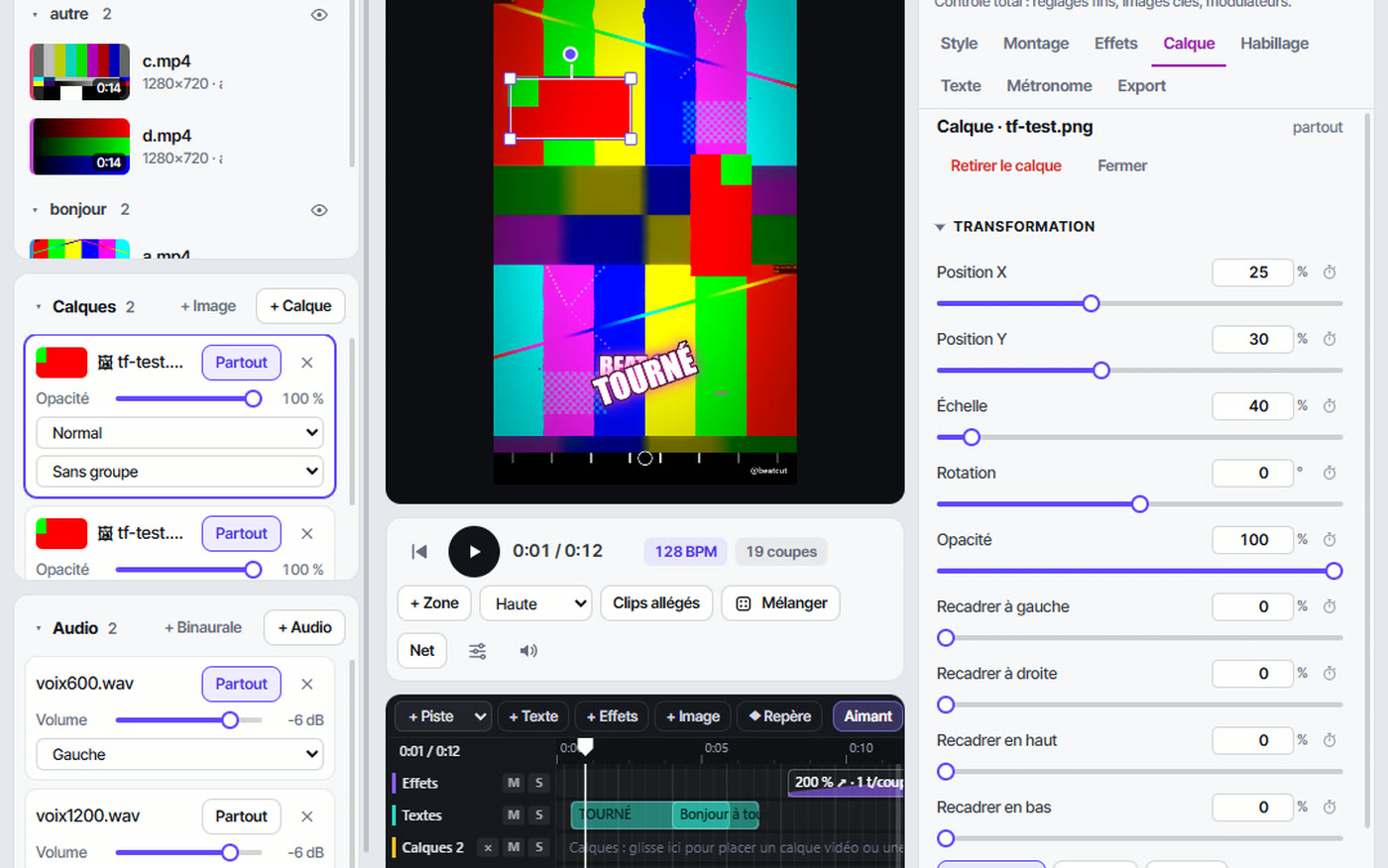 BeatCut Pro Max mode: image transformed on the preview and multitrack timeline